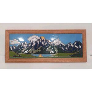 Mountain Moon Reflection Triptych Native Folk Art Deco (3) 6" Tiles 20x8" Framed